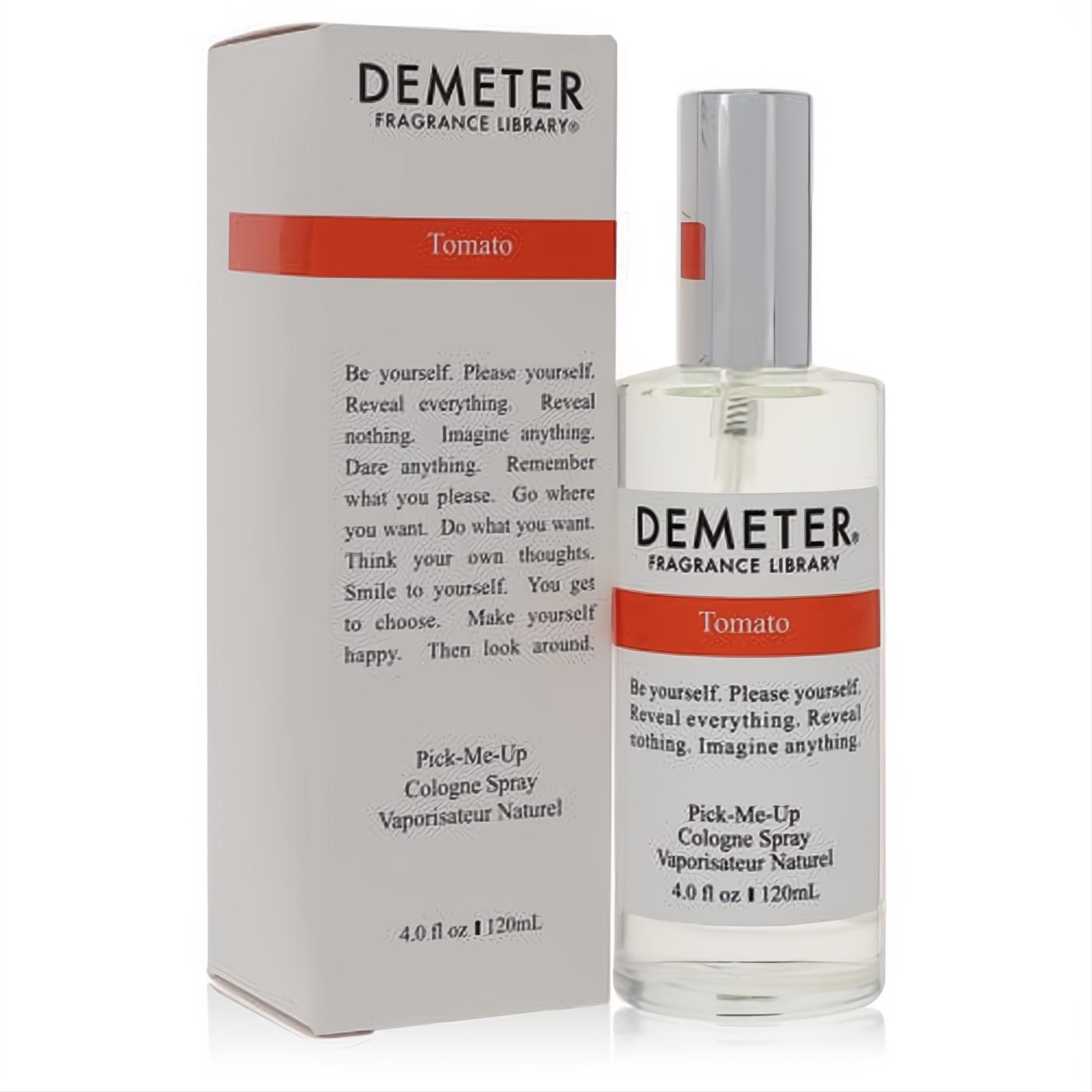 Demeter Tomato 4 oz unisex cologne spray. Clear glass bottle and white box featuring inspiring 'Be yourself' text and red band.