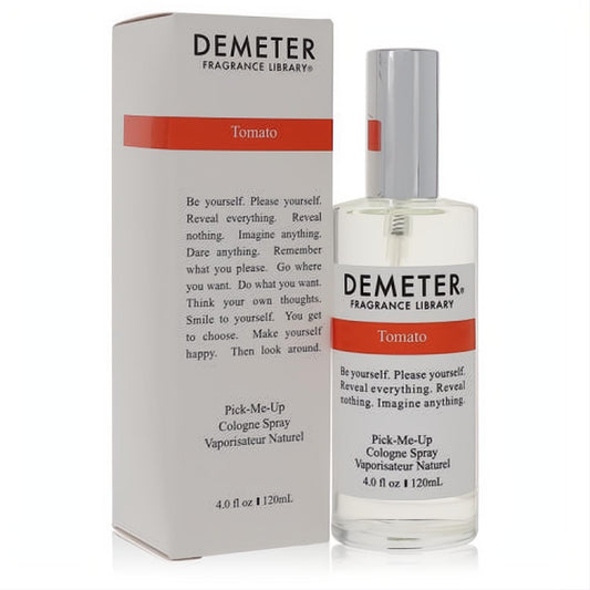 Demeter Tomato 4 oz unisex cologne spray. Clear glass bottle and white box featuring inspiring 'Be yourself' text and red band.