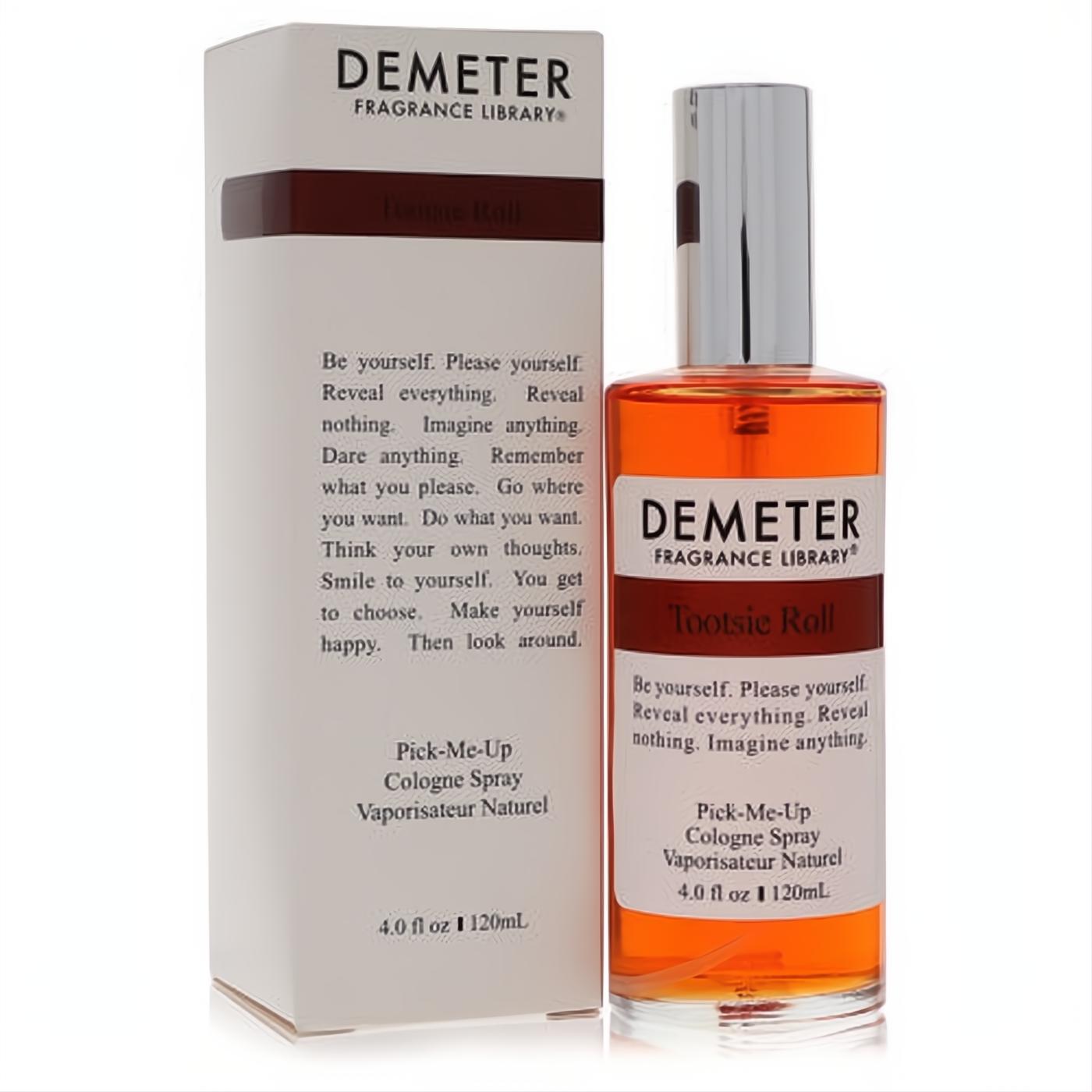 Demeter Tootsie Roll 4 oz cologne spray: clear glass bottle with rich amber liquid, sleek silver cap, and white box.