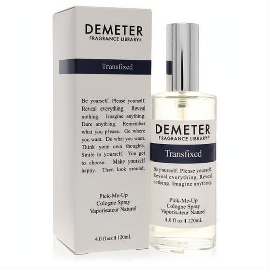 Elegant Demeter Transfixed 4 oz cologne spray in a clear glass bottle with a silver cap, displayed next to its crisp white packaging.