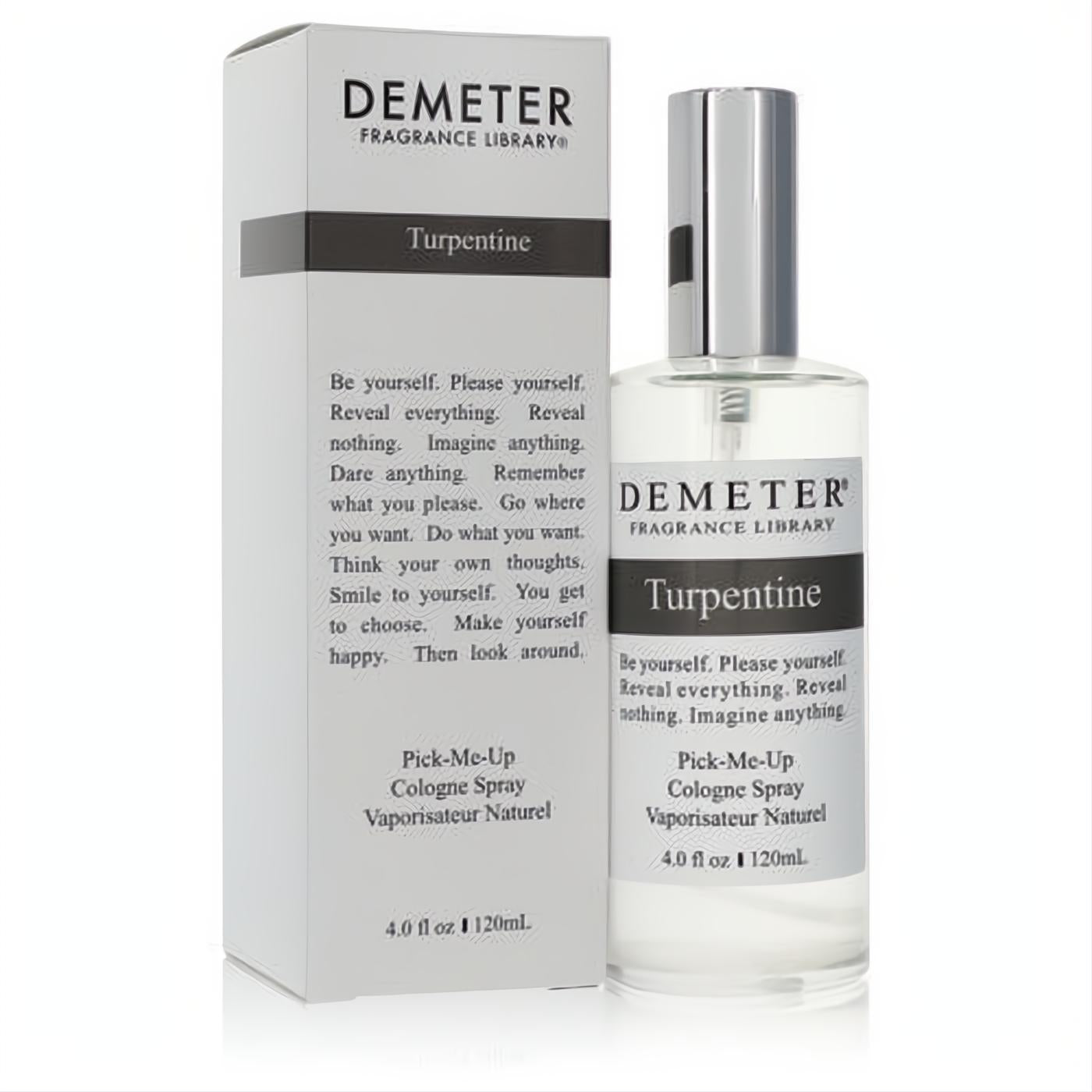Experience Demeter Turpentine 4 oz unisex cologne. Clear glass spray bottle with sleek silver cap and elegant white box.