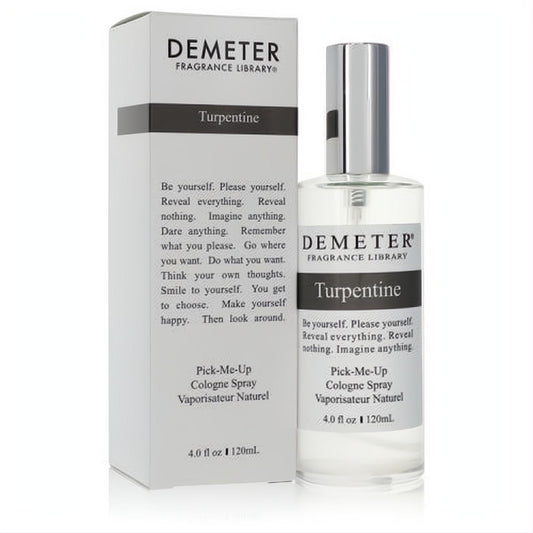 Experience Demeter Turpentine 4 oz unisex cologne. Clear glass spray bottle with sleek silver cap and elegant white box.
