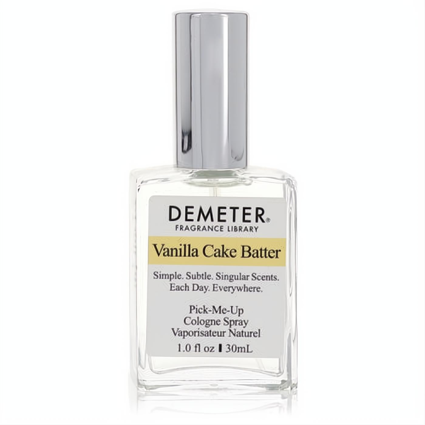 Demeter Vanilla Cake Batter 1 oz cologne spray in a sleek clear glass bottle with a silver cap and signature yellow label.