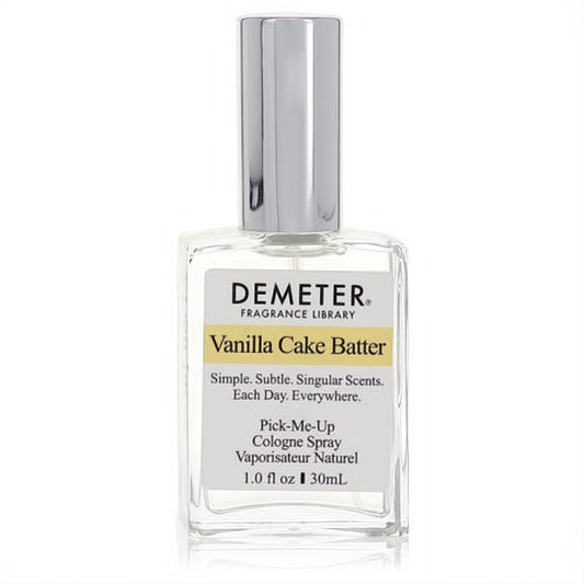 Demeter Vanilla Cake Batter 1 oz cologne spray in a sleek clear glass bottle with a silver cap and signature yellow label.