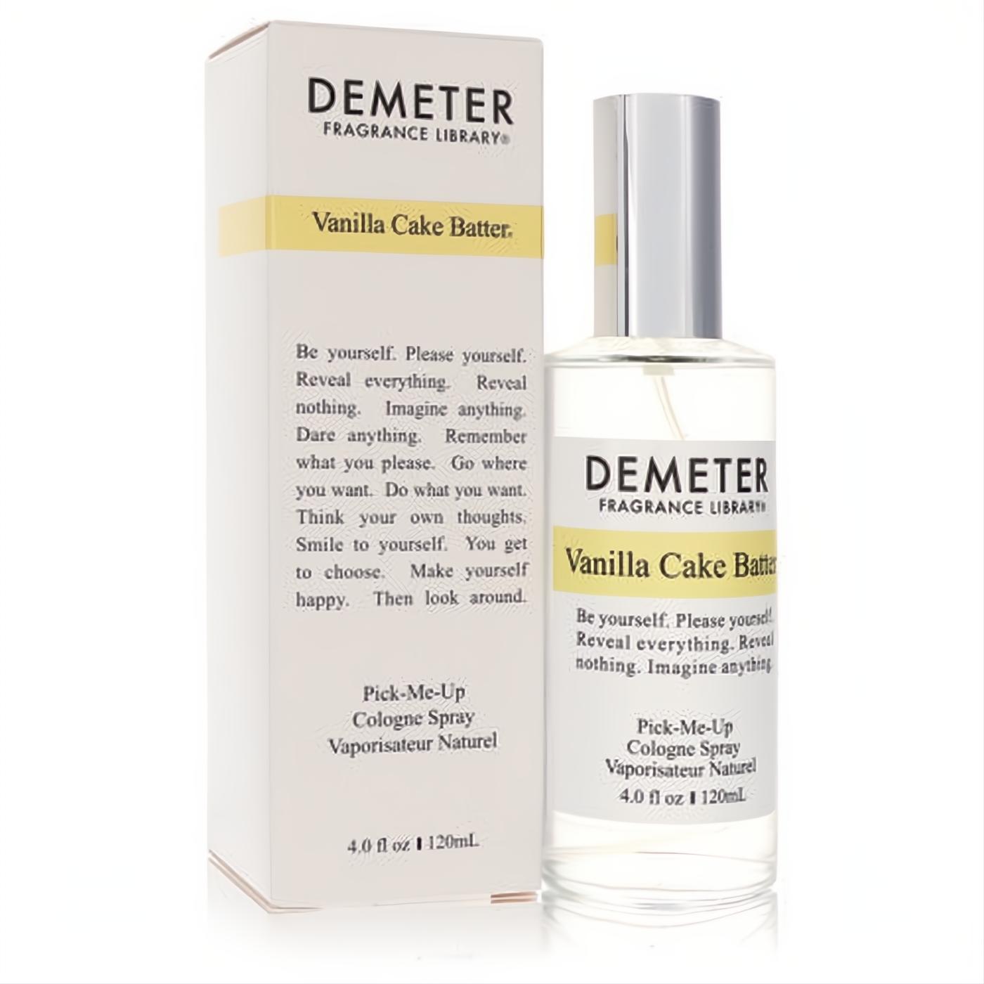 Sweet Demeter Vanilla Cake Batter 4 oz cologne spray in a clear glass bottle with a silver cap and its elegant white and yellow branded box.