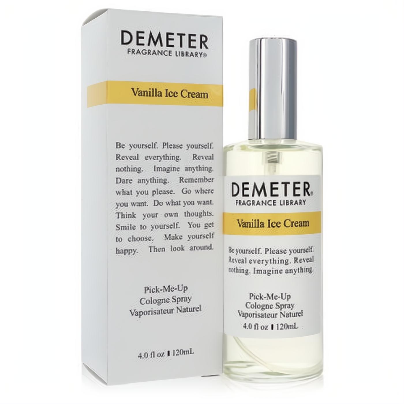 Demeter Vanilla Ice Cream 4 oz cologne spray. Elegant clear glass bottle with silver cap and white box, featuring a vibrant yellow label.