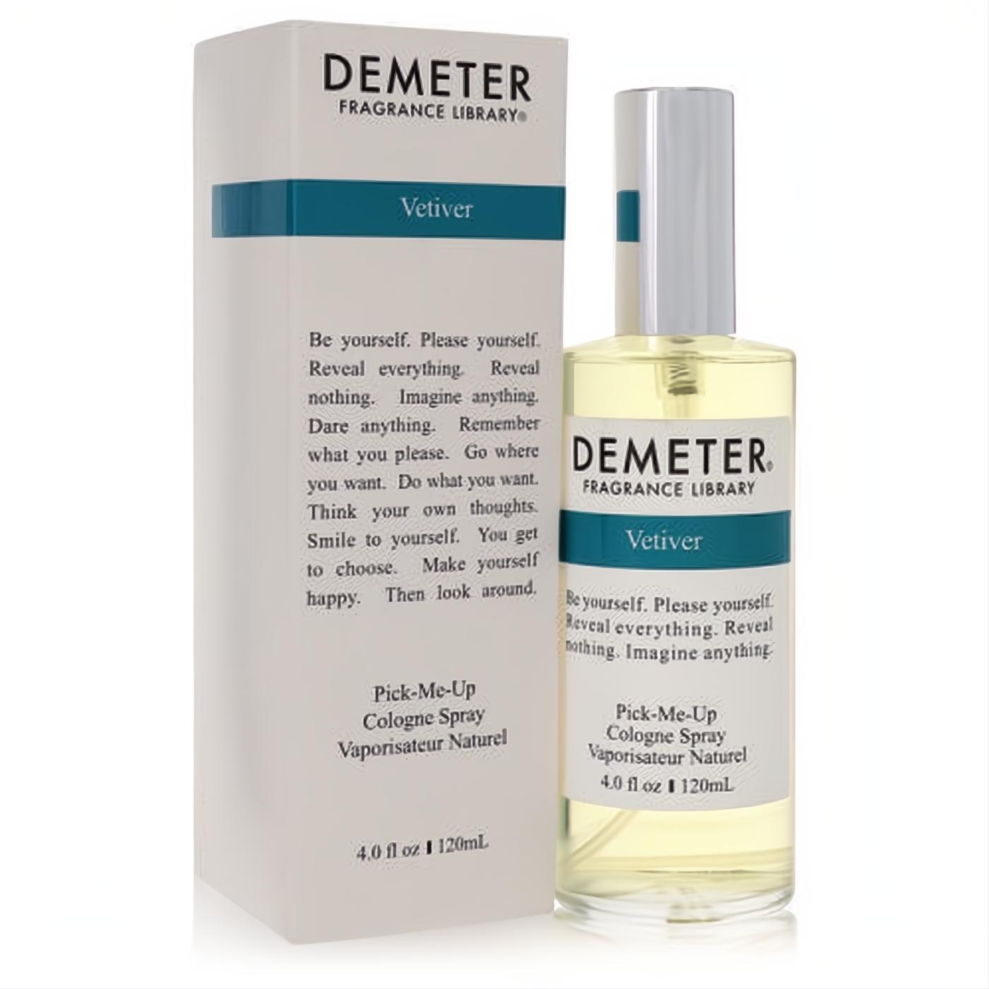 Demeter Vetiver 4 oz cologne spray: a clear glass bottle with golden liquid and a chic white box featuring a teal stripe. Elevate your scent!