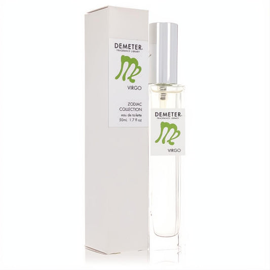 Demeter Virgo 1.7 oz Eau De Toilette spray. Clear glass bottle with silver cap and white box featuring the green Virgo Zodiac symbol.
