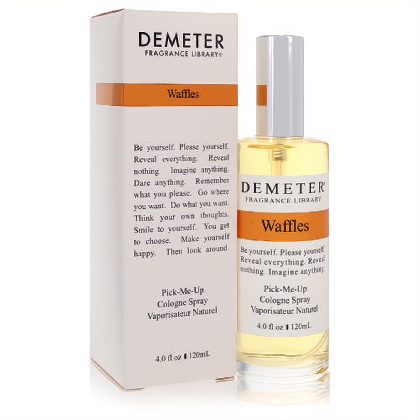 Demeter Waffles 4 oz cologne spray. Clear glass bottle with white cap and elegant white box featuring a vibrant orange "Waffles" band.