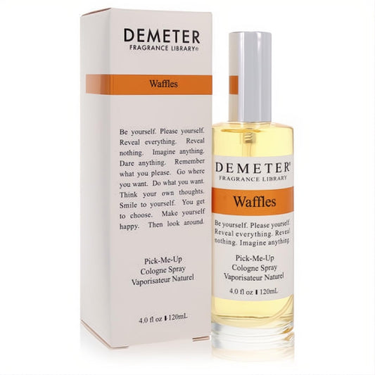 Demeter Waffles 4 oz cologne spray. Clear glass bottle with white cap and elegant white box featuring a vibrant orange "Waffles" band.