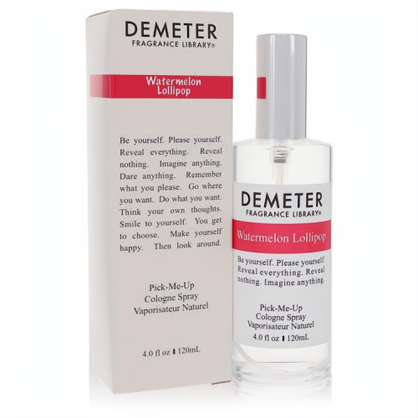 Sweet Demeter Watermelon Lollipop 4 oz cologne spray. Clear glass bottle and elegant white box with bold red branding.