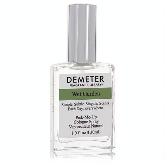 Demeter Wet Garden 1 oz women's cologne spray. Clear glass bottle, sleek silver cap, and fresh green label.