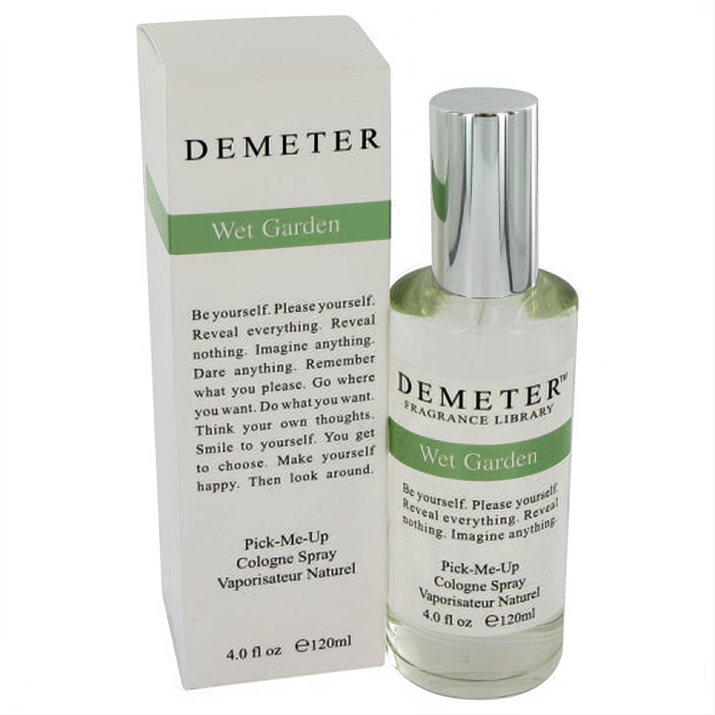 Demeter Wet Garden 4 oz cologne spray in a clear bottle with sleek silver cap, beside its crisp white and green box.