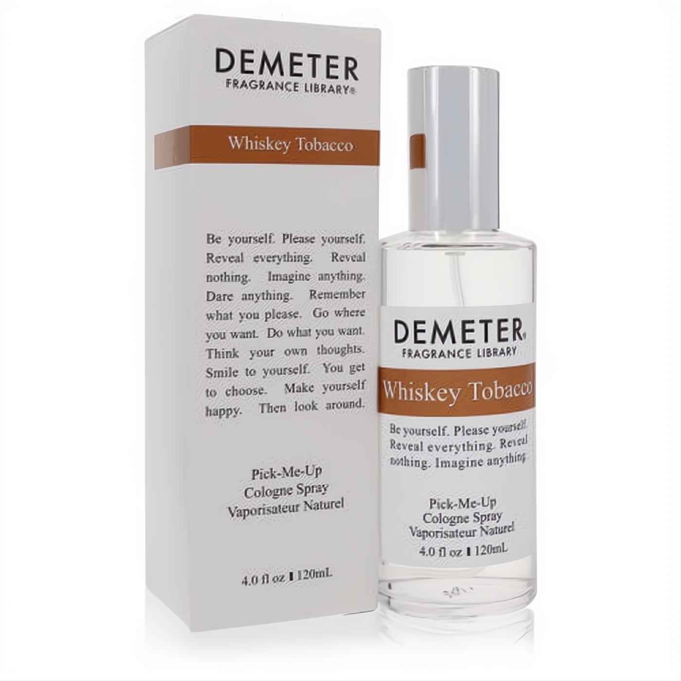 Demeter Whiskey Tobacco 4 oz cologne spray with clear bottle, white cap, and matching white box.