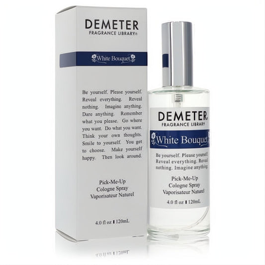 Elegant Demeter White Bouquet 4 oz cologne spray in a clear glass bottle with a sleek silver cap and a pristine white box.