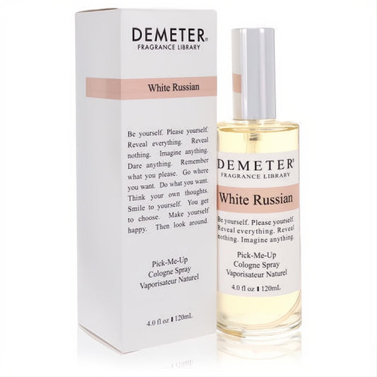 Demeter White Russian 4 oz cologne spray. Clear glass bottle with golden liquid, silver cap, and matching white box.