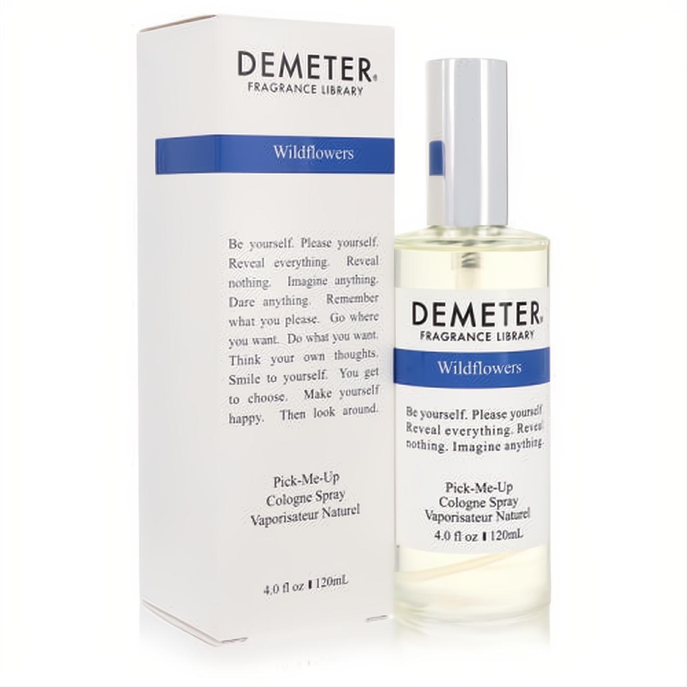 Demeter Wildflowers 4 oz cologne spray: clear glass bottle with a sleek silver cap and matching white box featuring blue branding.