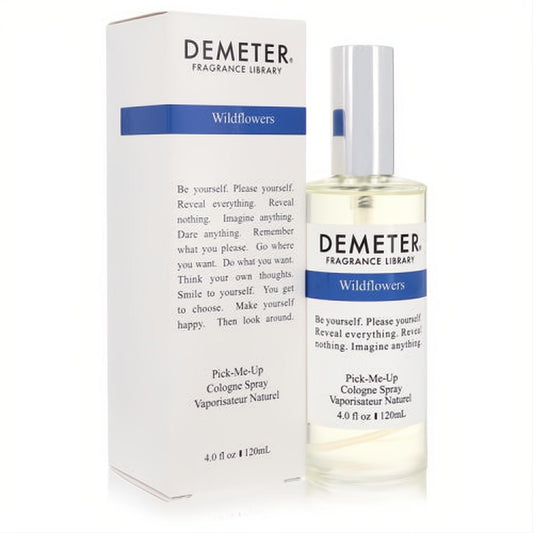 Demeter Wildflowers 4 oz cologne spray: clear glass bottle with a sleek silver cap and matching white box featuring blue branding.