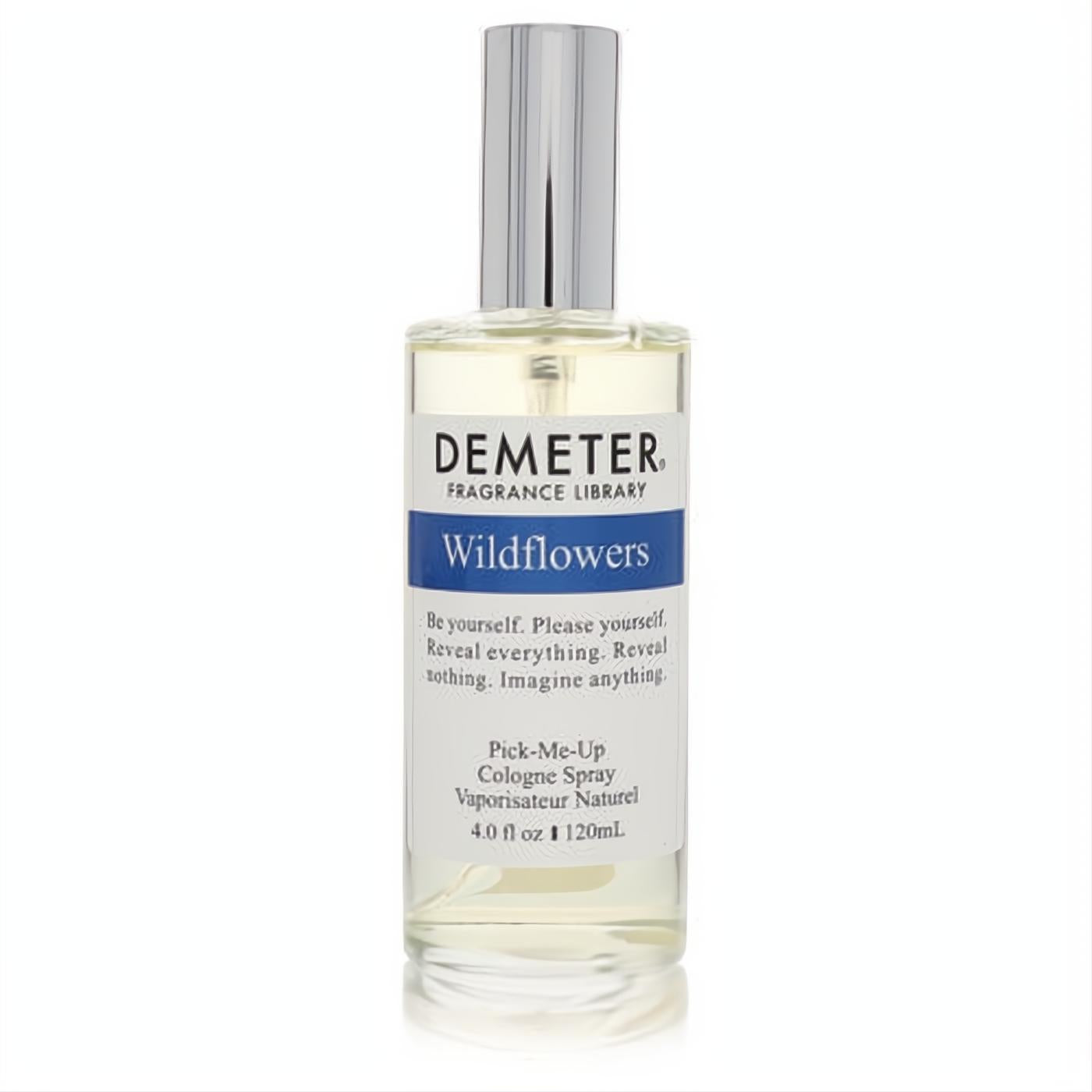 Demeter Wildflowers 4 oz cologne spray. Clear glass bottle, sleek silver cap, and vibrant blue label for a fresh, summery fragrance.