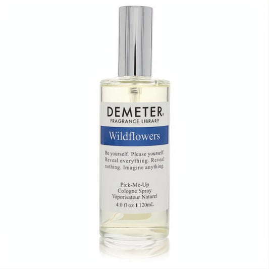Demeter Wildflowers 4 oz cologne spray. Clear glass bottle, sleek silver cap, and vibrant blue label for a fresh, summery fragrance.