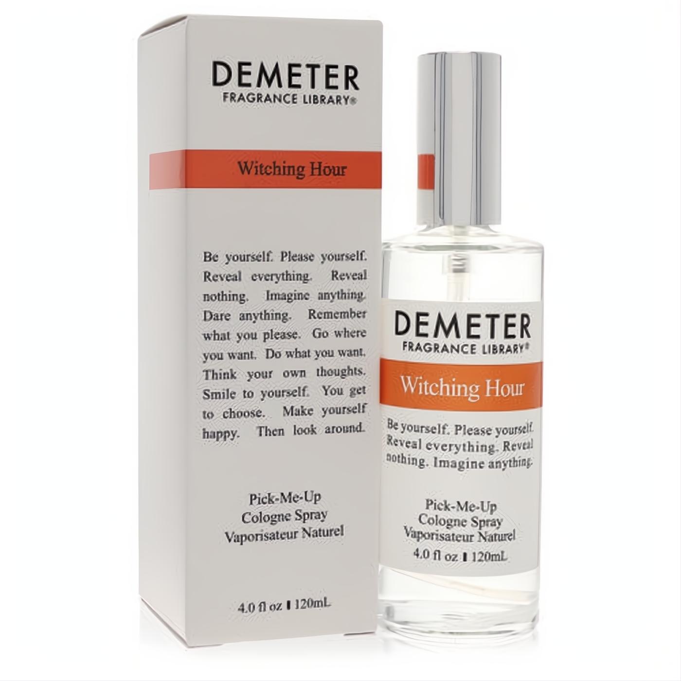 Demeter Witching Hour 4 oz cologne spray. Clear glass bottle with silver cap, white label, and vibrant orange accent.