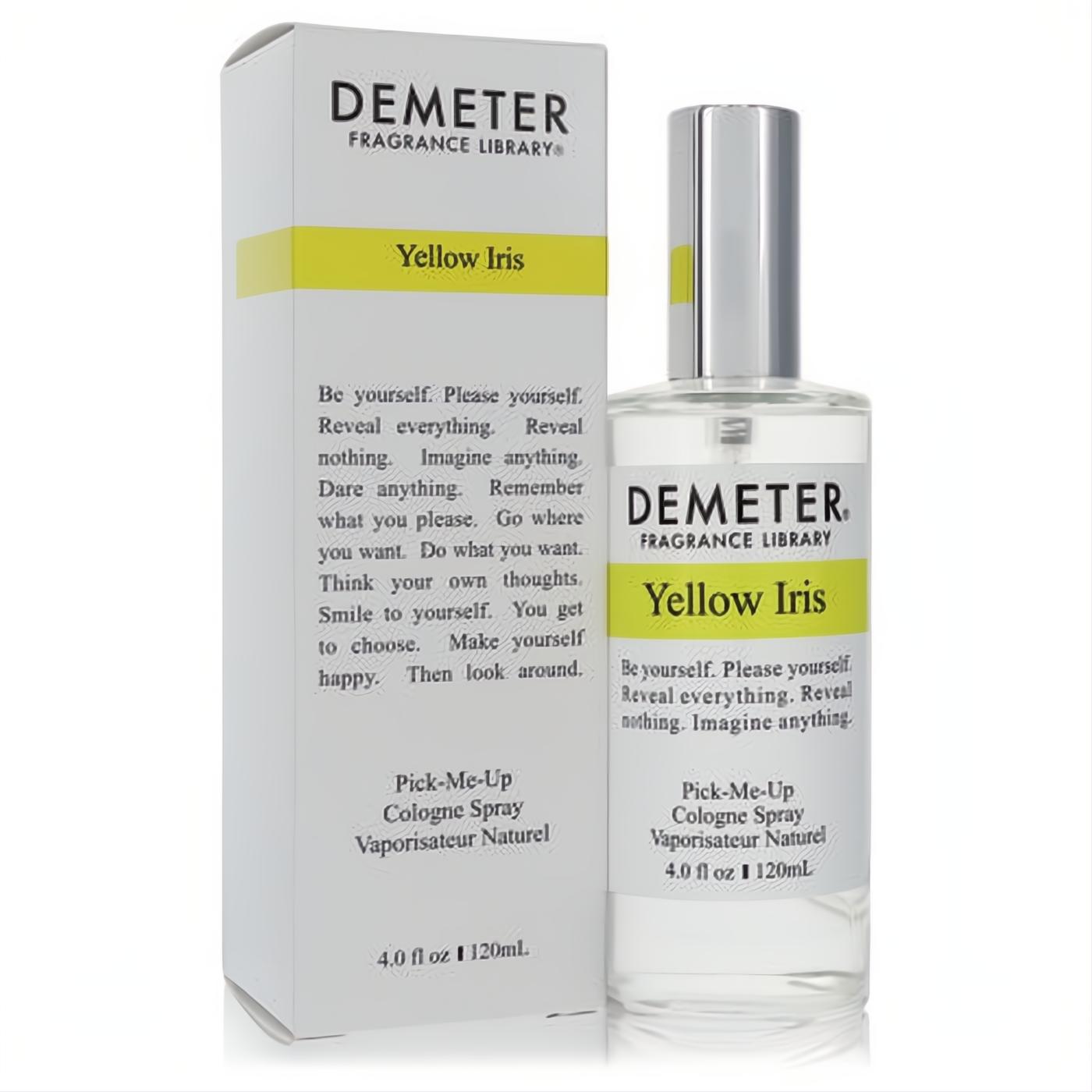 Elegant Demeter Yellow Iris 4 oz unisex cologne spray bottle with silver cap and yellow label, next to its white box.