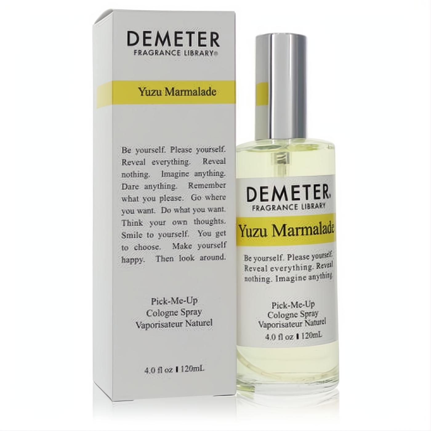 Demeter Yuzu Marmalade 4 oz unisex cologne spray. Clear glass bottle with silver cap and white box, both featuring bright yellow branding.