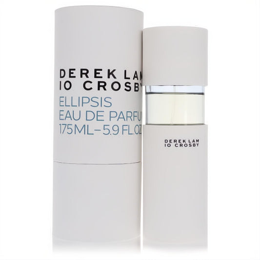 Sophisticated Derek Lam 10 Crosby Ellipsis Eau De Parfum, 5.9 oz. White cylindrical bottle with clear glass beside its sleek matching box.