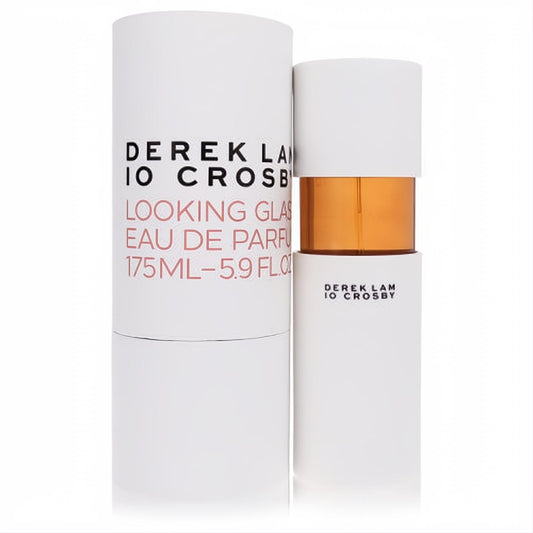 Sleek Derek Lam 10 Crosby Looking Glass 175ml Eau De Parfum. White bottle with a striking gold band, next to its elegant white box.