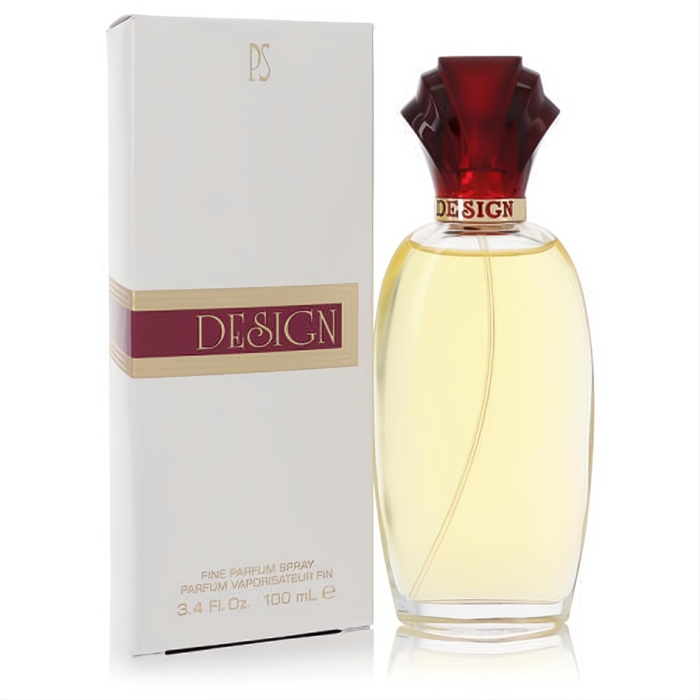 Paul Sebastian Design Fine Parfum Spray 3.4 oz for women. Elegant clear bottle with golden liquid, ornate red cap, and white box.