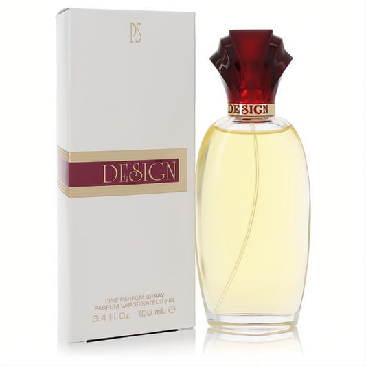 Paul Sebastian Design Fine Parfum Spray 3.4 oz for women. Elegant clear bottle with golden liquid, ornate red cap, and white box.