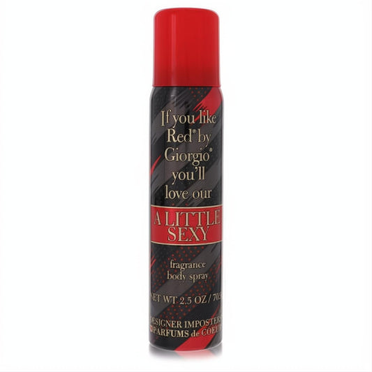 A Little Sexy 2.5 oz body spray. Bold black can with vibrant red cap, stripes, and text, a Red alternative.