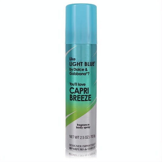 Designer Imposters Capri Breeze 2.5 oz body spray. Vibrant blue & green metal can, 'Like Light Blue' text for a refreshing scent.