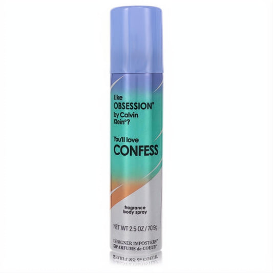 Confess 2.5 oz women's fragrance body spray. Sleek metallic can with a vibrant blue to orange gradient and a matching blue cap.