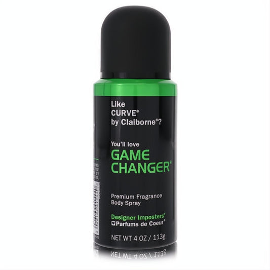 Designer Imposters Game Changer 4 oz men's body spray. Sleek black can with a vibrant green label, offering a premium fragrance.