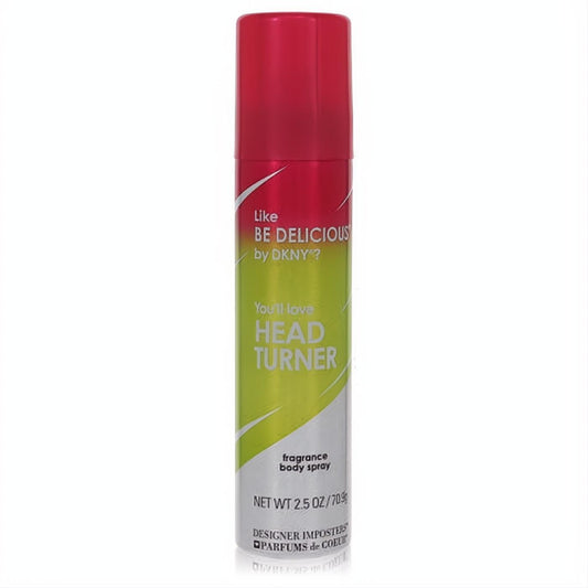 Designer Imposters Head Turner 2.5 oz body spray. Vibrant pink cap, fresh green gradient can. Get the DKNY Be Delicious scent!
