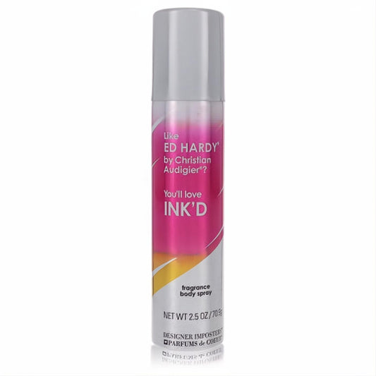 Unleash confidence with Ink'd 2.5 oz body spray. White can, vibrant pink & gold design, sleek silver cap.