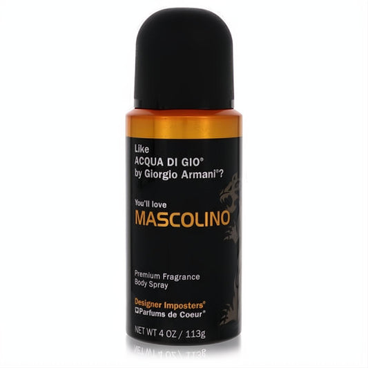 Bold black 4 oz Mascolino body spray can with a striking gold band, offering a premium fragrance experience similar to Acqua di Gio.