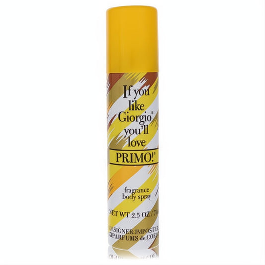 Vibrant yellow Primo! Designer Imposters 2.5 oz body spray. Bold can design with "If you like Giorgio you'll love PRIMO!" text.