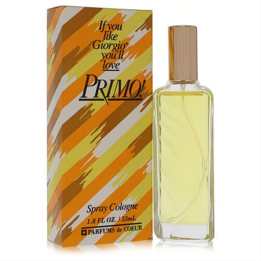 Primo! 1.8 oz women's cologne spray. Clear glass bottle with a sleek gold cap, beside its vibrant orange & yellow striped box.