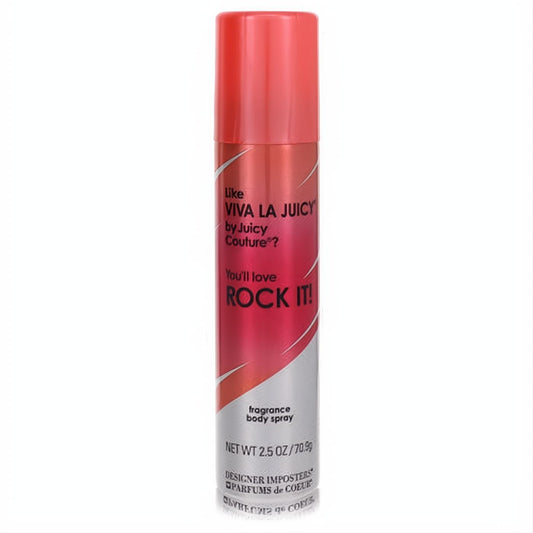 Vibrant 2.5 oz Designer Imposters Rock It! body spray can, featuring a bold red-pink gradient and silver base.