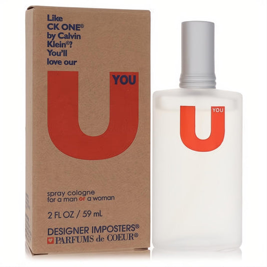 Designer Imposters U You 2 oz unisex cologne spray: sleek frosted bottle, silver cap, and brown box with bold red 'U YOU' branding.