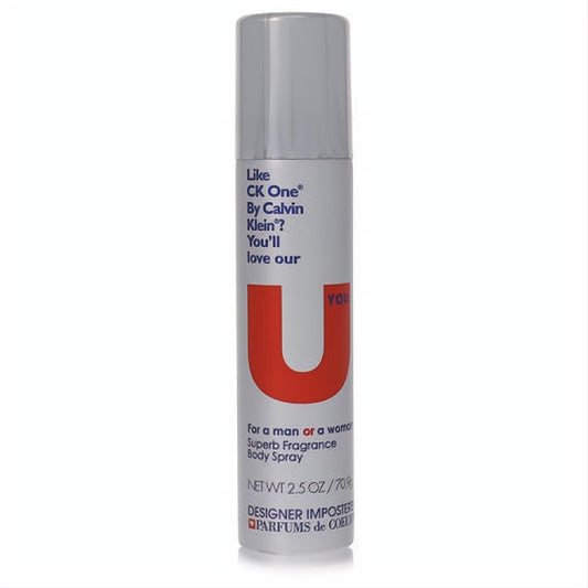 White Designer Imposters U You unisex body spray, 2.5 oz, with silver cap and bold red U logo, "Like CK One" text.