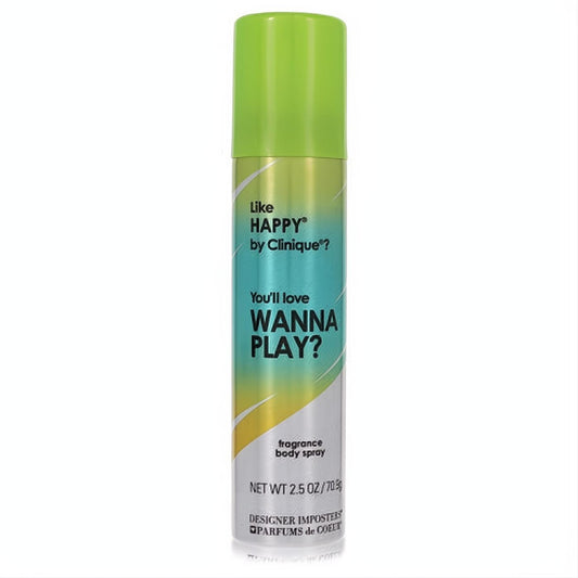 Vibrant 2.5 oz Designer Imposters Wanna Play? body spray. Bright lime green cap, white can with sunny yellow gradient for a delightful fragrance.