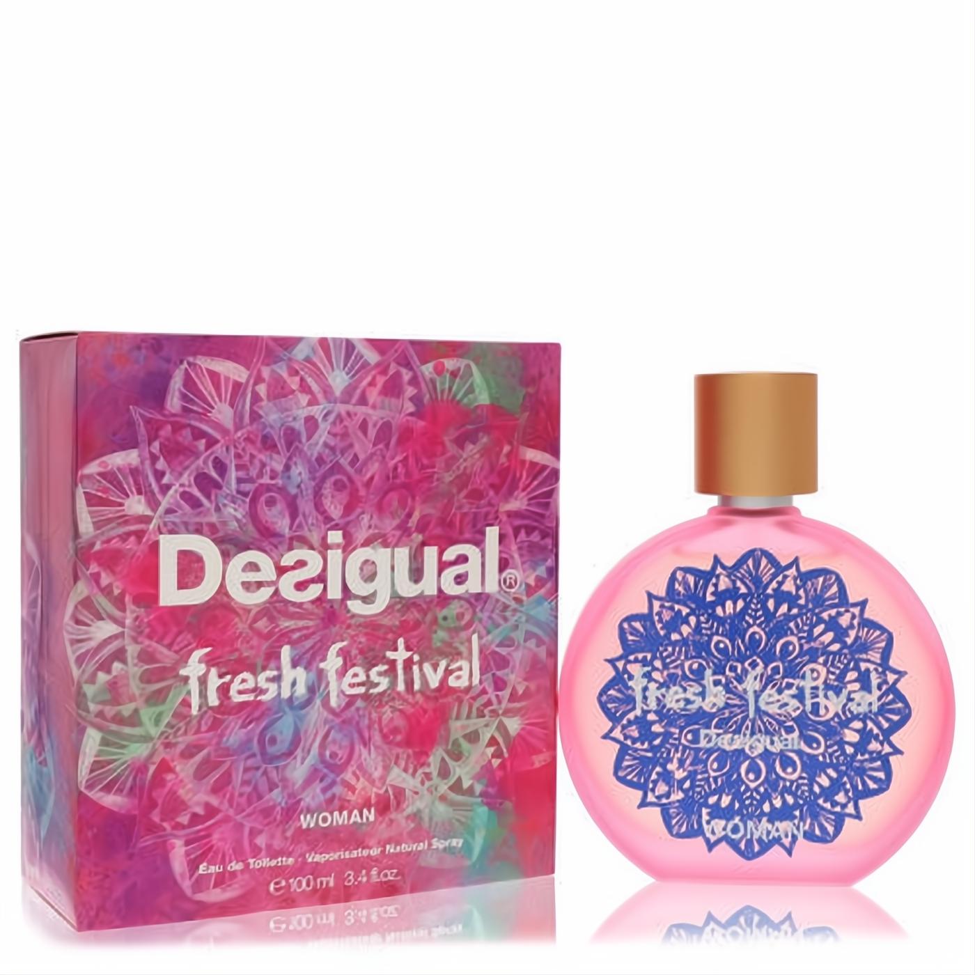 Captivating Desigual Fresh Festival 3.4 oz EDT spray. Features a vibrant pink bottle with gold cap, blue mandala, and its colorful purple-pink box.