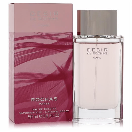 Desir De Rochas 1.6 fl oz Eau De Toilette. Elegant clear glass bottle with light pink fragrance, silver cap, and chic pink feather-design box.