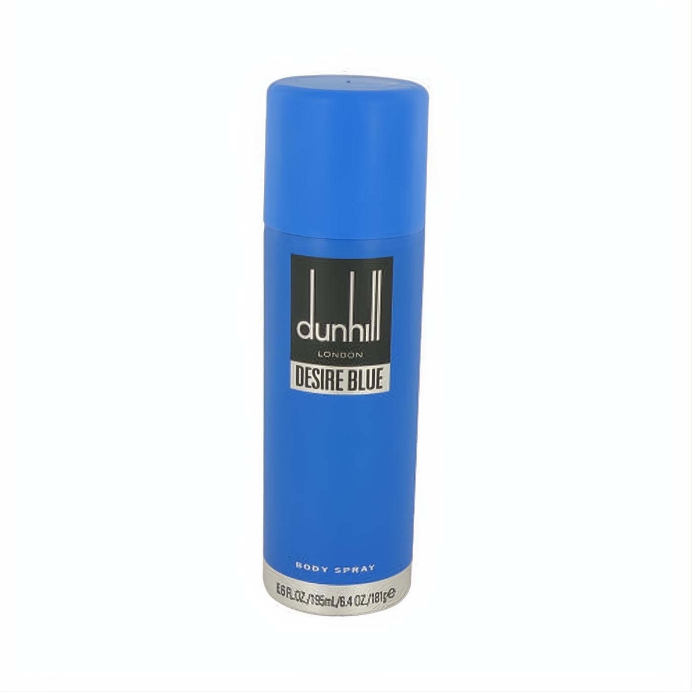 Dunhill Desire Blue 6.8 oz body spray. Striking blue aerosol can with iconic branding, a must-have men's fragrance.
