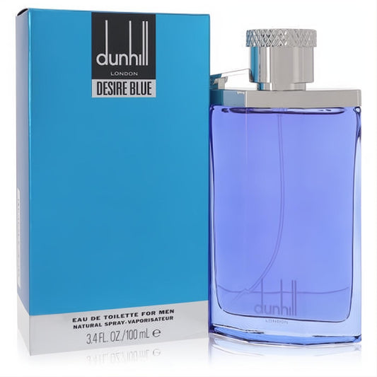 Dunhill Desire Blue 3.4 oz men's EDT in a sleek blue glass bottle with a textured silver cap, next to its vibrant box.