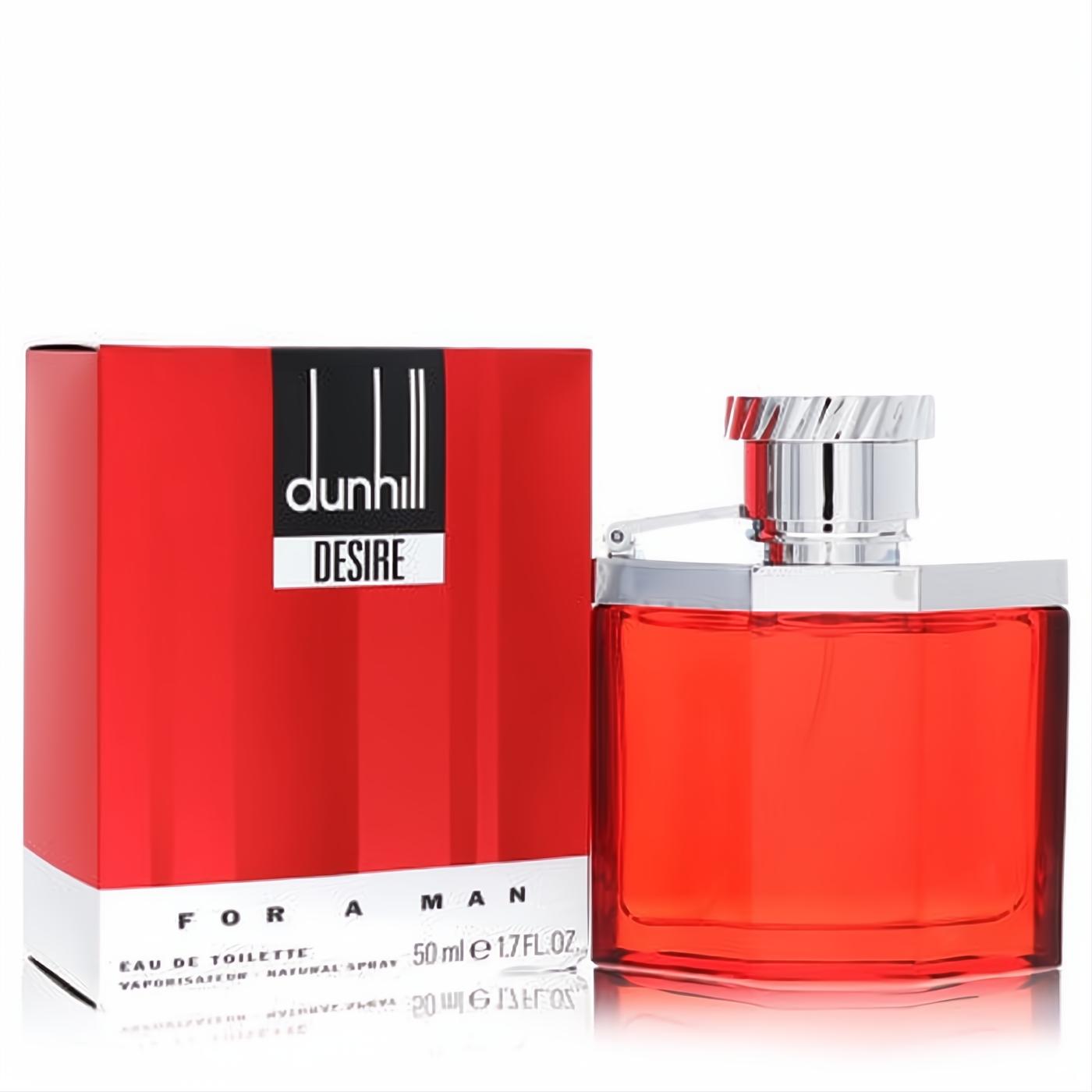 Captivating Alfred Dunhill Desire 1.7 oz EDT for men: sleek red glass bottle with a modern silver cap, beside its striking red box.