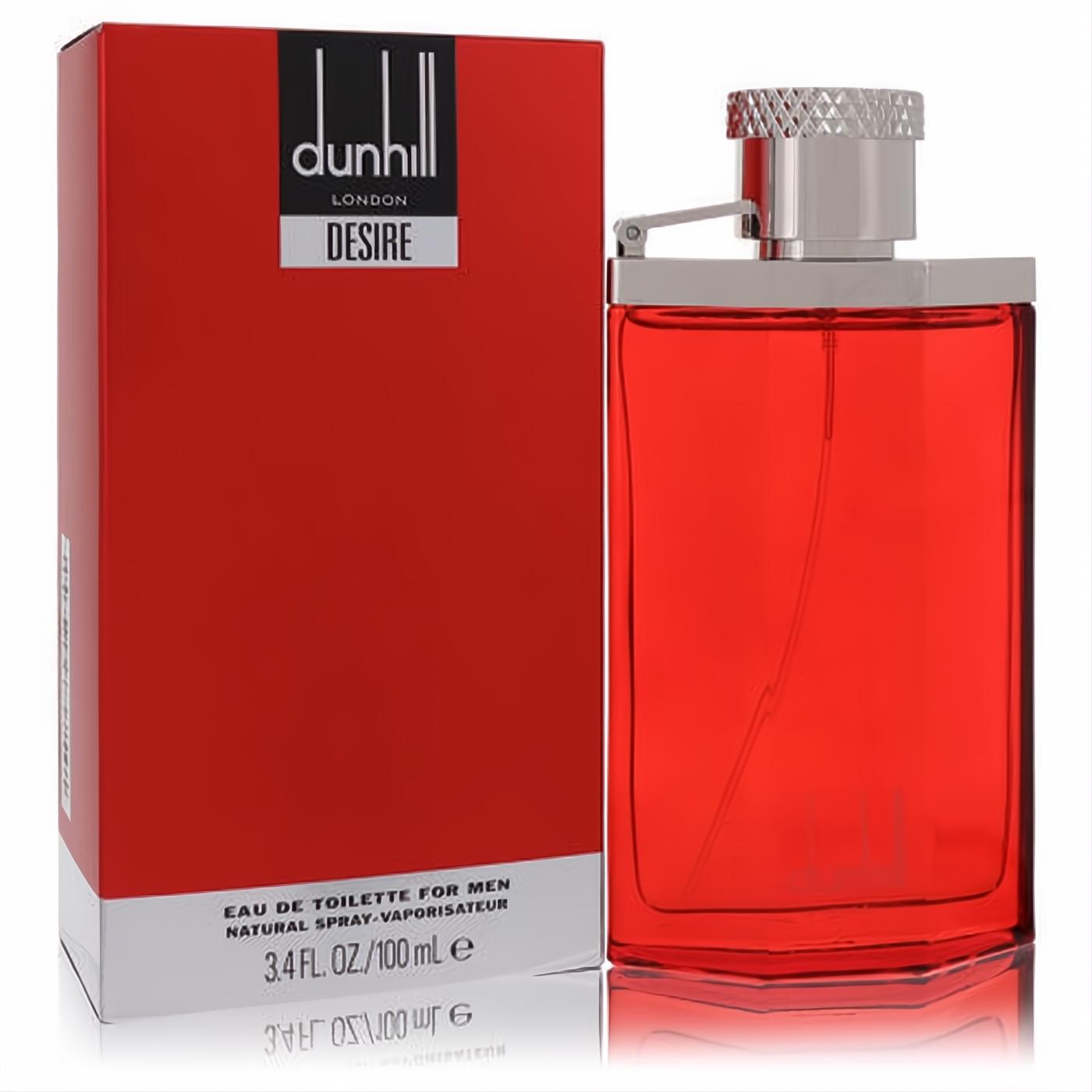 Experience Dunhill Desire! Bold red 3.4 oz EDT spray for men in a sleek glass bottle with silver accents, beside its matching box.